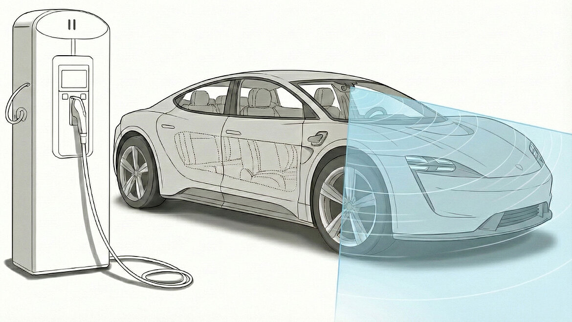前方センサー範囲が示された充電中の電気自動車のイラスト