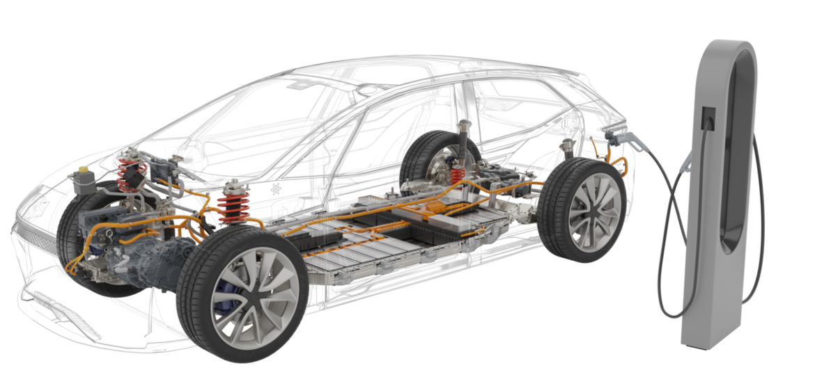 駆動部とバッテリー部が見える電気自動車の透明表示と充電スタンド