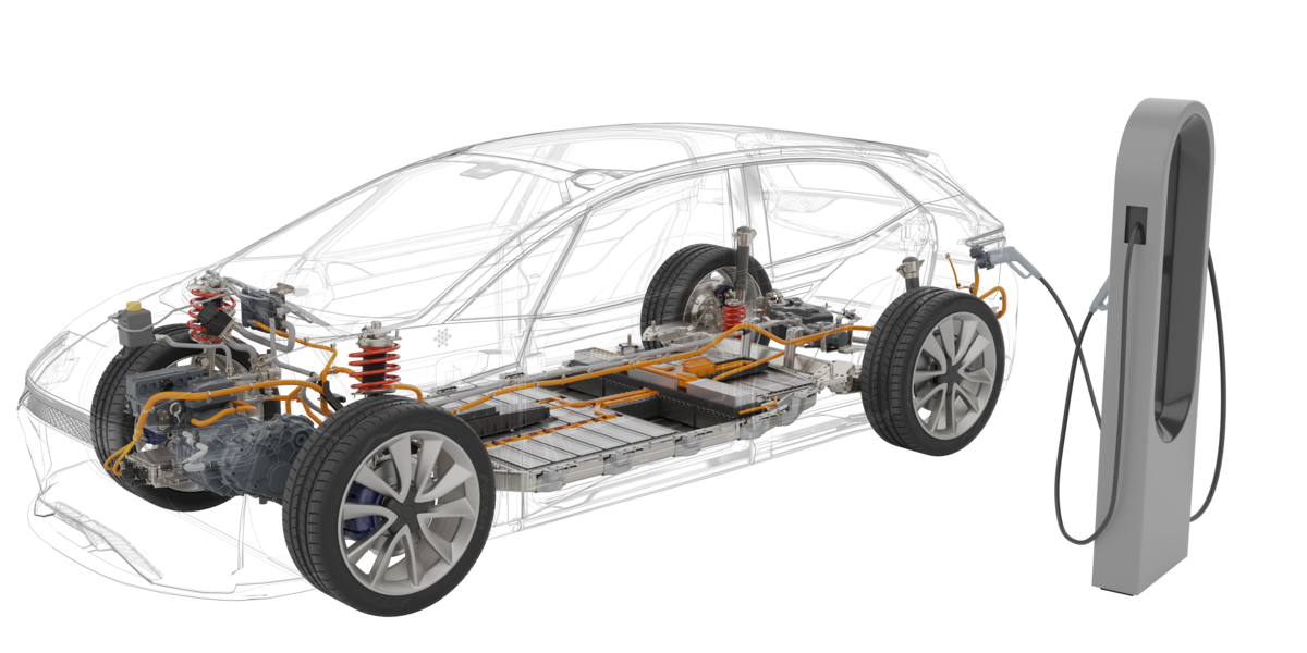 駆動部とバッテリー部が見える電気自動車の透明表示と充電スタンド