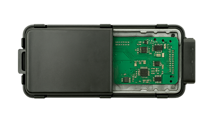 半開きのカバーと基板が見える電子モジュール