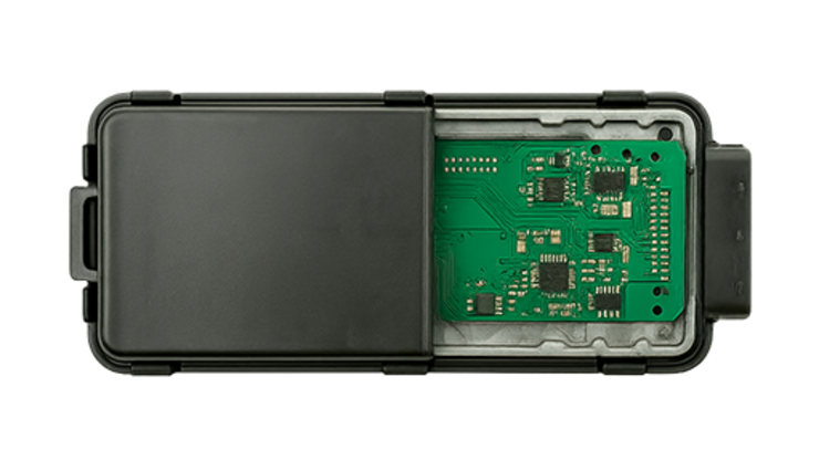 半開きのカバーと基板が見える電子モジュール