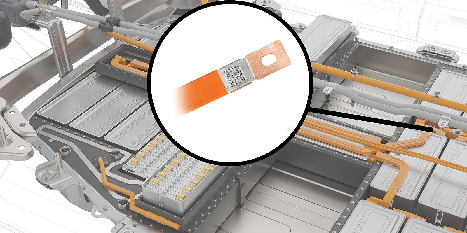 前景に導電バー、背後に配線束