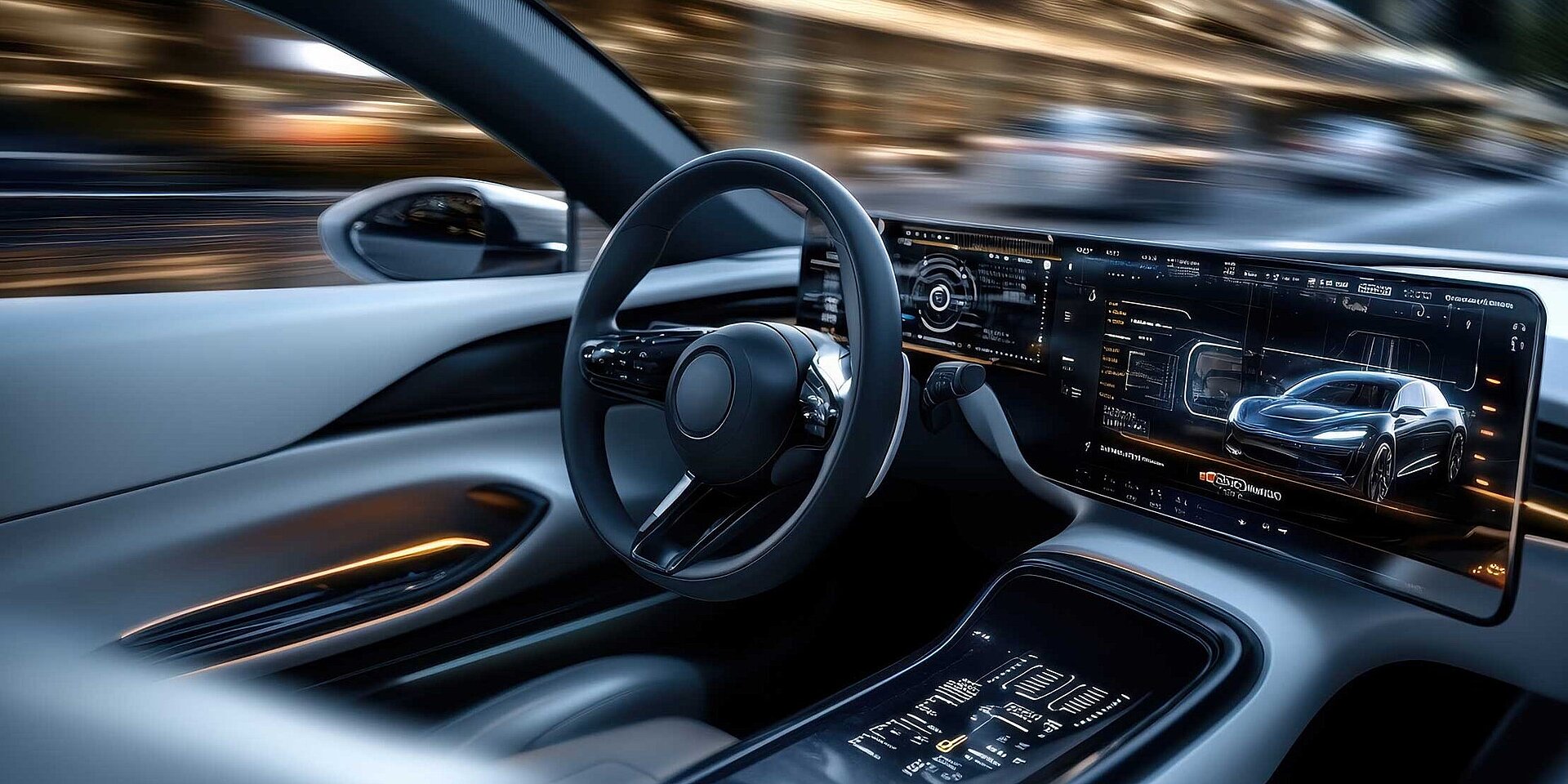 大型デジタル画面とハンドルを備えた近代的な車のコクピット