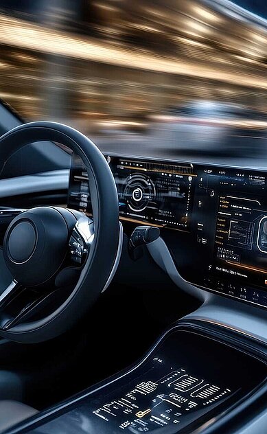 大型デジタル画面とハンドルを備えた近代的な車のコクピット